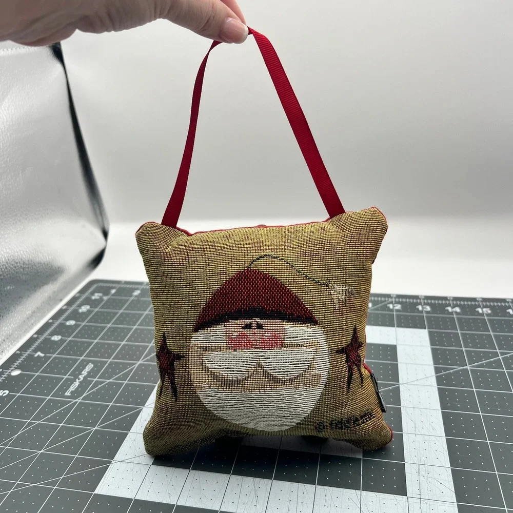 Santa Claus Tapestry Door Hanger Pillow Woven Christmas Decor 6x6 Red Gold